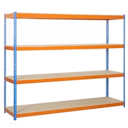 SimonRack Ecoforte Spanplatte 4 Fachböden mit 400 kg pro Ebene in BLAU/ORANGE/HOLZ Farbe 2000x1500x600 mm (Höhe x Länge x Breite) Image