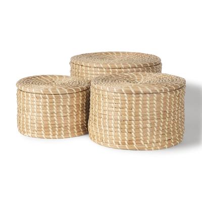 Kailini Light Brown Seagrass & Palm Leaf Round Nesting Boxes w/ Lids (Set of 3)