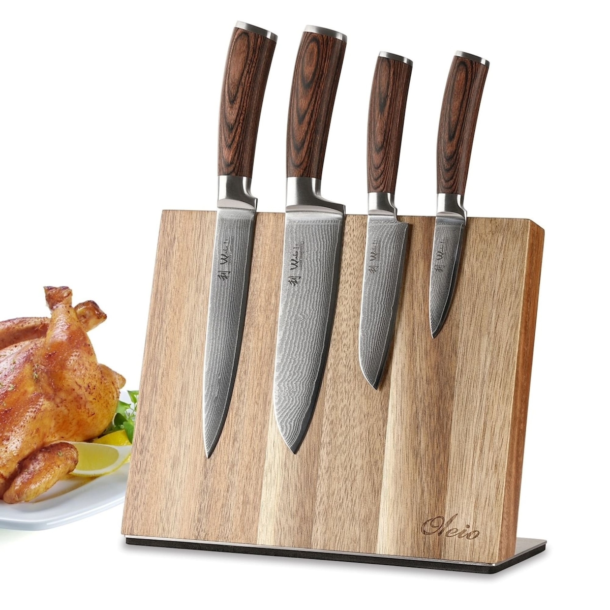 Wakoli 4er Damastmesserset | 8 - 18cm Klingen aus 67 Lagen Damaststahl | Pakkaholz mit Messerblock Image
