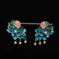 Ancient gold crafts Court style enamel Peony earrings for women Natural Hotan Jade Pearl earings