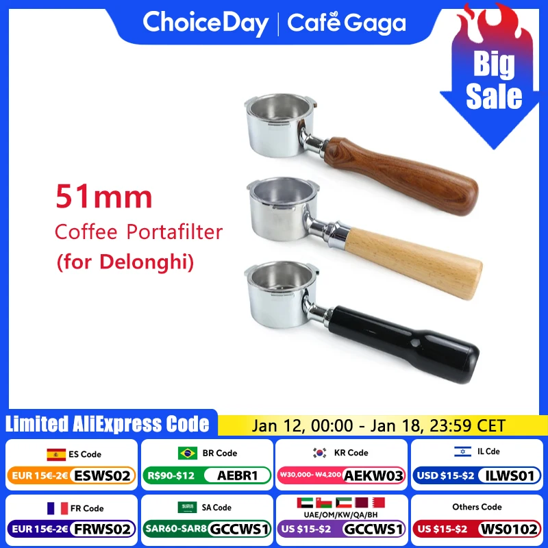 51mm Kaffee Boden Siebträger Holzgriff Für Delonghi Dedica ec680 ec685 Ersatz Filter Korb Barista Zubehör Image