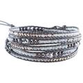 Chan Luu Silver Hematine and Aquamarine Crystals on a Grey Leather Wrap Bracelet