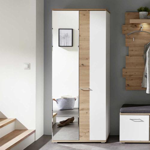 Dielenschrank mit Spiegeltür in Wildeichefarben & Weiß 80 cm breit