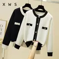 sueter mujer 2024 Elegant Women Sweater and Cardigans Button Up Pearl Beading Black White Formal