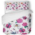 FMSHPON 3 Piece Bedding Set Marigold Peony Flower Pink Rose Twigs Forest Ant Flying Ladybug Funny Bee Twin Size Duvet Cover with 2 Pillowcase for Home Bedding Room Decoration