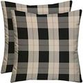 Indoor Outdoor Grey Brown Tan Prints - 2 Square Pillows Weather Resistant - Choose Color Size (Branson Pewter Black Grey Beige Farmhouse Buffalo Plaid 17 X17 )