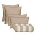 RSH DÃ©cor Indoor Outdoor Set of 6 Pillows 17 Square + 20 x 12 Lumbar in Resort Tan and Bolster Neckroll in Tan & White Stripe