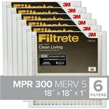 Filtrete Air Filter MPR 300 MERV 5 Clean Living Basic Dust 3-Month Pleated 1-Inch Air Filters 6 Filters White