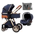 Newborn Baby Stroller Reversible Bassinet Pram,Foldable Aluminum Alloy Pushchair with Adjustable Backrest,Infant Pram Carriage with Storage Bag,Foot Cover,Rain Cover (Color : Blue)