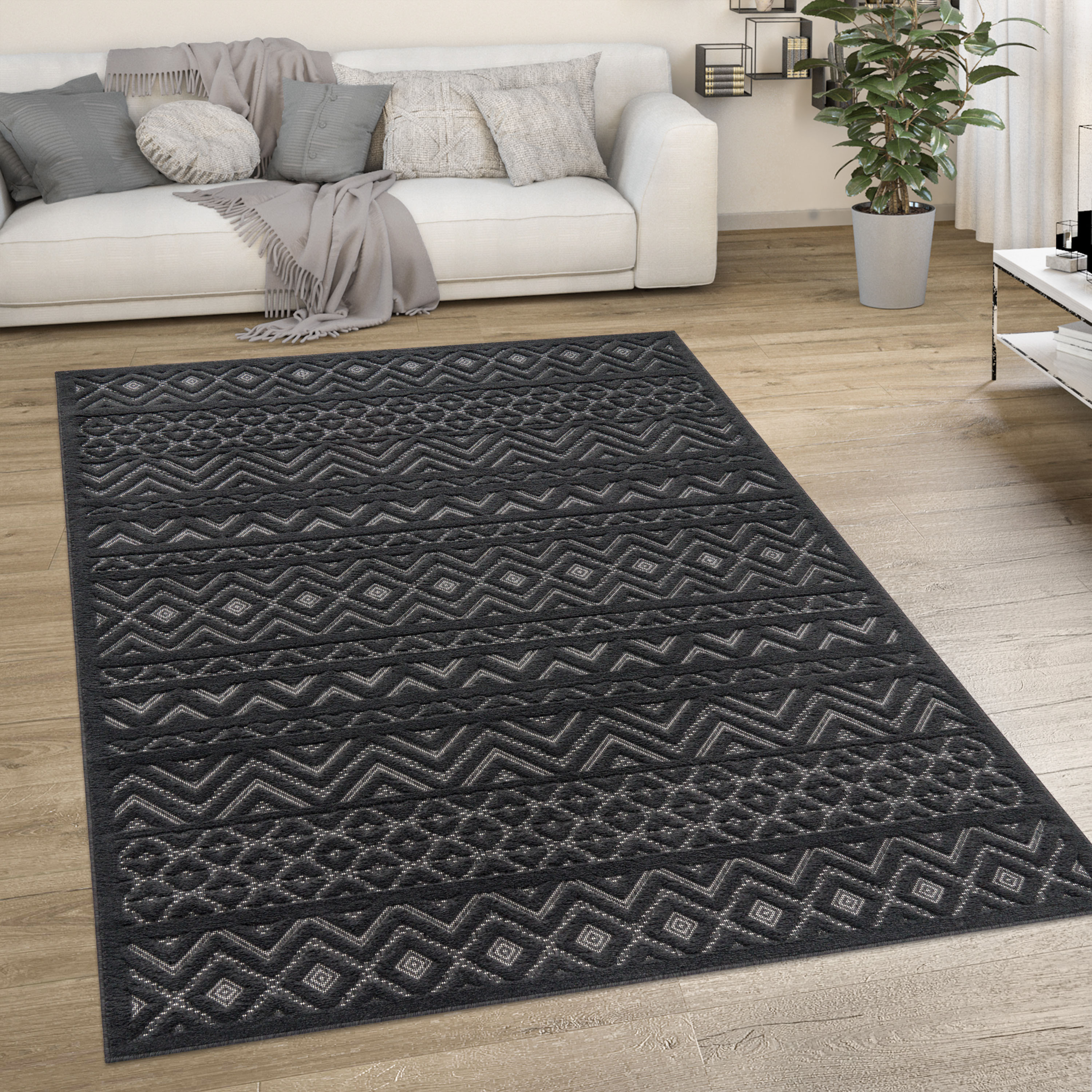 Teppich PACO HOME "Livorno 673", grau (anthrazit), B:80cm H:14mm L:250cm, Polypropylen, Teppiche, Uni-Farben, Scandi, Rauten Muster, Hoch-Tief Effekt, Outdoor geeignet Image