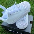 Personalized All White Converse, Baby Toddler Girls Converse Sneakers With Pearls & Crystals, Bling Converses, Flower Girl Shoes