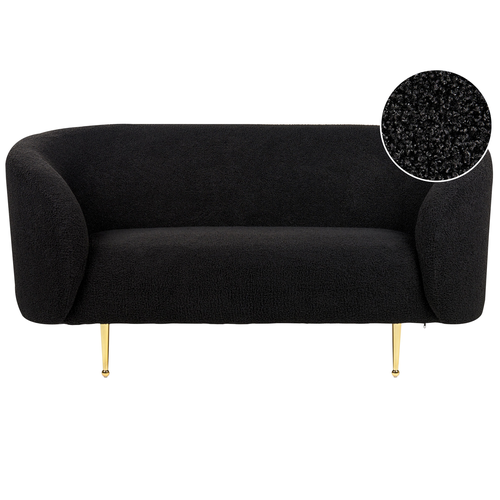 Sofa Schwarz Bouclé Stoffbezug 2-Sitzer mit Armlehnen Metallgestell in Gold Glamouröser Edler Stil Wohnzimmer Salon Esszimmer Flur