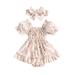 Baby Girls Floral Romper Chiffon Puff Short Sleeve Off Shoulder Smocked A Line Ruffle Dress Headband Princess Summer Clothes