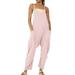 Soighxzc Jumpsuit for Women Sleeveless Rompers Round Neck Casual Solid Color Wide Leg Pants Playsuit Spaghetti Strap Loose Summer Overalls with Pocket Pink L