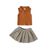 IZhansean 2Pcs Toddler Baby Girls Summer Clothes Sleeveless Lapel Vest Tank Top + Pleated A-Lined Skirt Outfits Brown 2-3 Years
