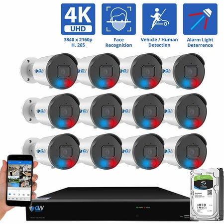 GW Security 16 Channel NVR UltraHD 4K Full-Time Color Night Vision PoE Security Camera System with (12) 8MP Two-Way Audio PoE Outdoor Cameras AI Human & Cars Detection with Alarm Lights