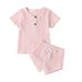 Girls Outfits Sets Button Stripe Short Sleeve Round Neck Solid Color Tops Shorts Outfits