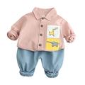 Toddler Kids Child Baby Boys Long Sleeve Cute Cartoon Animals Striped Shirt Tops Solid Jeans Pant Outfits Set 2Pcs Clothes Pink 110