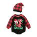 Boys Girls Christmas Long Sleeve Santa Letter Prints Xmas Plaid Romper Bodysuit Hat Set Black 80