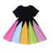 HAPIMO Girls s A Line Dress Rainbow Stitching Round Neck Cute Princess Dress Relaxed Comfy Short Sleeve Pleated Swing Hem Holiday Lovely Black 2-3Y