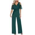 Clearance! Borniu Jumpsuits for Women Fashion Casual Solid Color Mesh Short Sleeve Wide Leg Trousers Jumpsuit Overalls Women Rompers for Women Onesie for Women Clearance