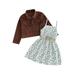 2pcs Toddler Baby Girls Fall Outfit Floral Sleeveless Slip Dress with Belt + Long Sleeve Lapel Jacket