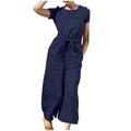 Clearance! Borniu Jumpsuits for Women Short Sleeve Pocket Solid Color Loose Straight Pants Fashion Romper Pants With Pocket Overalls Women Rompers for Women Onesie for Women Clearance