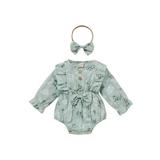 IZhansean 2Pcs Newborn Baby Girls Romper Long Sleeve Ruffle Bow Floral Print Jumpsuit Headband Infant Clothes Green 9-12 Months