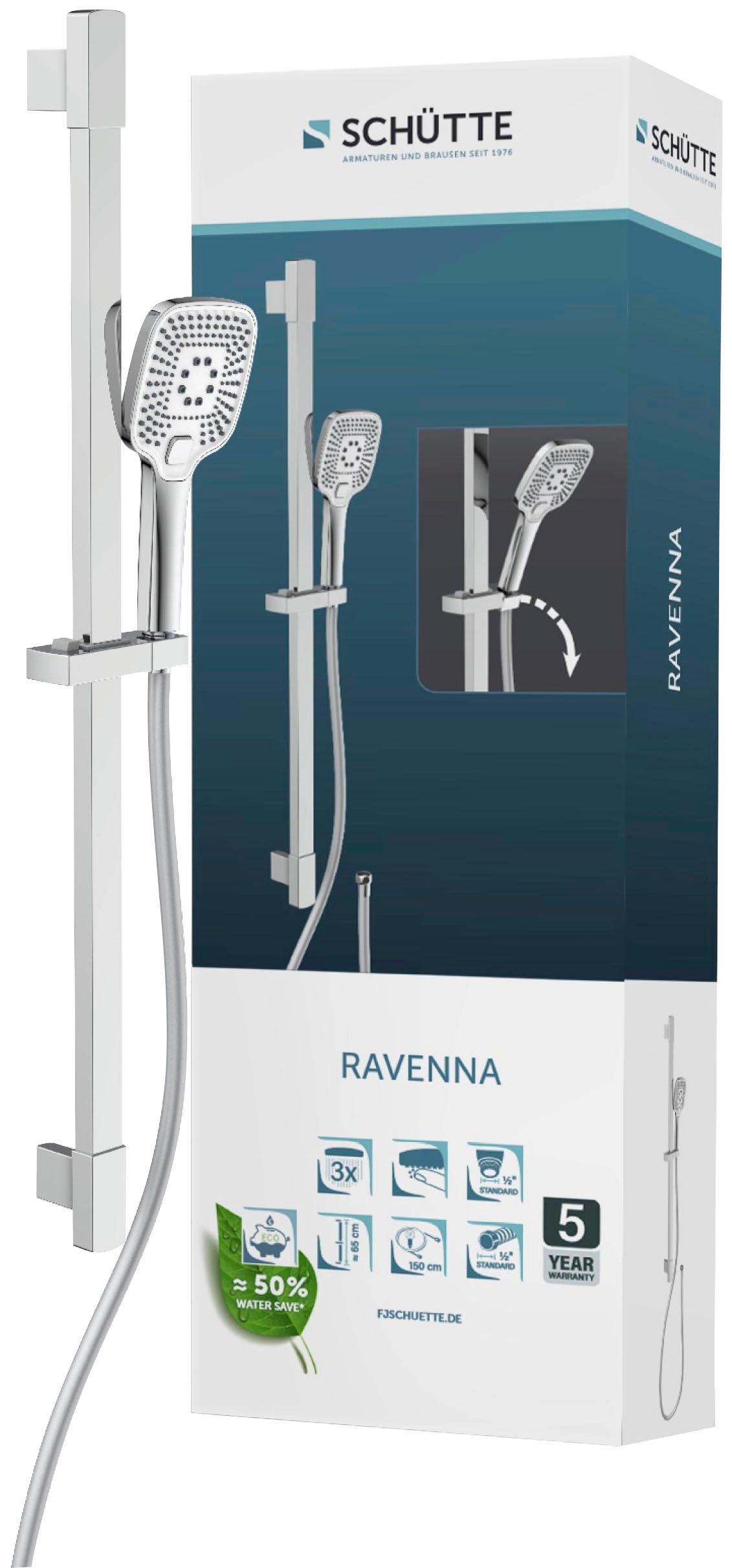 Stangenbrause-Set SCHÜTTE "RAVENNA", weiß (chrom, weiß), H:65cm, Brausegarnituren, 3-fach verstellbar / Antikalk / wassersparend