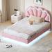 Full Upholstered Smart LED Bed Frame with Elegant Flowers Headboard, Floating Velvet Platform LED Bed with Wooden Slats Support