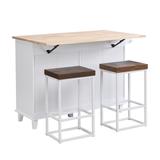 Grondin Farmhouse Style 3 Piece Kitchen Island Set with Drop Leaf and 2 Stools, Dining Table Set with Cabinet and Drawers