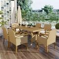 TOPMAX Outdoor Patio 7-Piece Dining Table Set All Weather PE Rattan Dining Set with Wood Tabletop and Cushions for 6 White