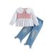 ZHAGHMIN Baby Girls Long Sleeve Tops Jeans Outfits Set Toddler Kids Plaid Button Ruffle Cotton Shirts Long Pocket Pants Autumn Clothes Pink 100