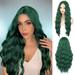 MORICA Green Wigs For Women Long Wavy Synthetic Green Wig Dark Green Wig Cosplay Emerald Green Wig Daily Party Use Heat-Resistant Fiber Wig