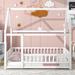 Full Size Floor Solid Wooden Bed with House Roof Frame & Fence Guardrails - Adorable Style for Toddler & Kids' Bedroom