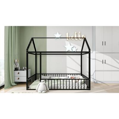 House Bed with Rails, Metal Floor Bed for Kids, Montessori Bed Frame with Roof, Twin Playhouse Beds for Boys Girl