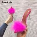 Aneikeh-Mules à plumes Peep Parker pour femmes sandales en PVC transparent chaussures à talons