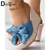 Brandneue Peep Toe Plattform Folien Mode Denim Bogen Keile High Heels Frauen Hausschuhe lässig Party täglich Sandale Frau Schuhe