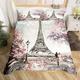 Homewish Eiffel Tower Comforter Cover Girls Romanic Paris Duvet Cover Vintage Eiffel Tower Bedding Set For Kids Couples Lovers,Watercolor Pink Flower Tree Oil Painting Quilt Cover + 2 Pillowcase King