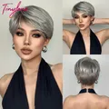 Perruque synthétique courte Pixie Cut gris argenté pour femmes postiche naturelle lisse avec une