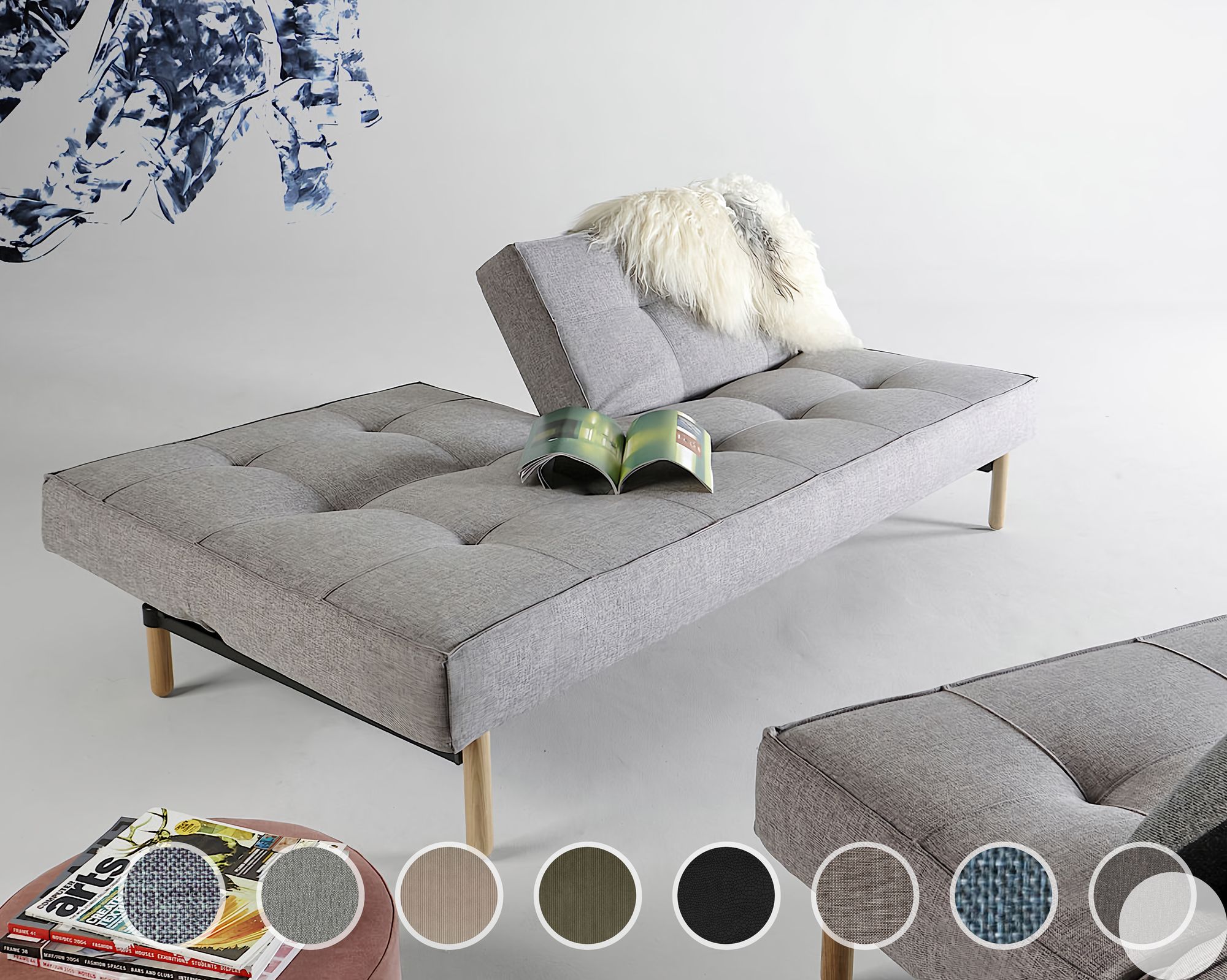 Innovation »Splitback« Klappsofa Styletto Dunkles Holz/Matt / 217 Flashtex Hellgrau