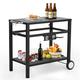 Portable Grill Cart Pizza Oven Stand BBQ Prep Table with Wheels Hooks & Side Handle Outdoor 2 Tier Cooking Shelf Metal Grilling Tabletop Griddle Table