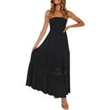Sehao Vacation Dresses Womens Summer Bohemian Strapless Off Shoulder Lace Trim Backless Flowy A Line Beach Long Maxi Dress womens dresses Black 2XL
