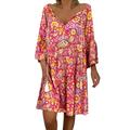 knqrhpse Casual Dresses Long Sleeve Dress for Women Casual Dress Summer Dress Quarter Women s Mini Dress Ladies Loose Three Sleeve Floral Print Women s Dress Womens Dresses Hot Pink Dress 3Xl