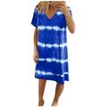 knqrhpse Plus Size Dresses Sundresses for Women Summer Dress Plus Size Summer Dresses Womens Casual Striped Tie-Dye Print Mini Dress V Neck Loose T-Shirt Dress(S-3Xl) Womens Dresses Blue Dress Xxl