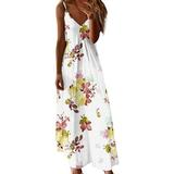 knqrhpse Sundresses for Women Summer Dresses for Women Maxi Dress Casual Dress Women Summer Casual Sleeveless V Neck Long Flower Print Dress Womens Dresses White Dress S