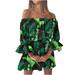 knqrhpse Corset Dress Long Dresses For Women Beach Off Shoulder Tunic Casual Loose Fit Bell Sleeve Mini Floral Dress Womens Dresses Green Dress S
