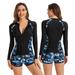 Women s Rash Guard 2 Piece Long Sleeve Swim Shirt with Shorts Swimsuit with Bra Bathing Suit Plus Size -M