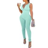 BUYISI Women Sleeveless Jumpsuits Ribbed Bodycon Backless Rompers Summer Yoga Bodysuit XL Green