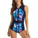 Jdlsppl Women s High Waisted Swimsuit Beach Bathing Suit Full Coverage Surf Padded Zip Curvy Swimming Rash Guard Blue Large